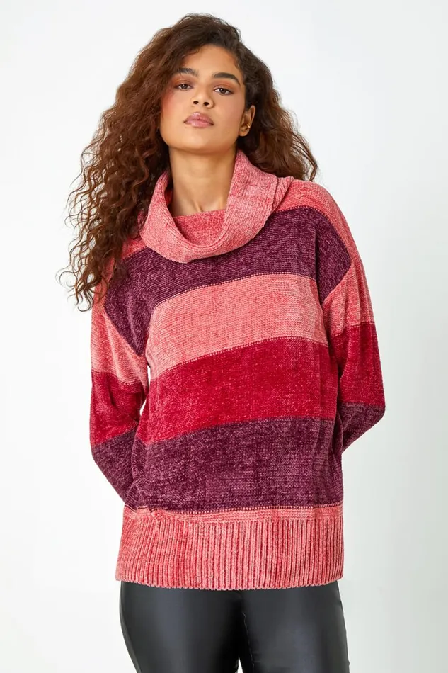 Women Wine Chenille Striped Cowl Neck Jumper Roman Knitwear