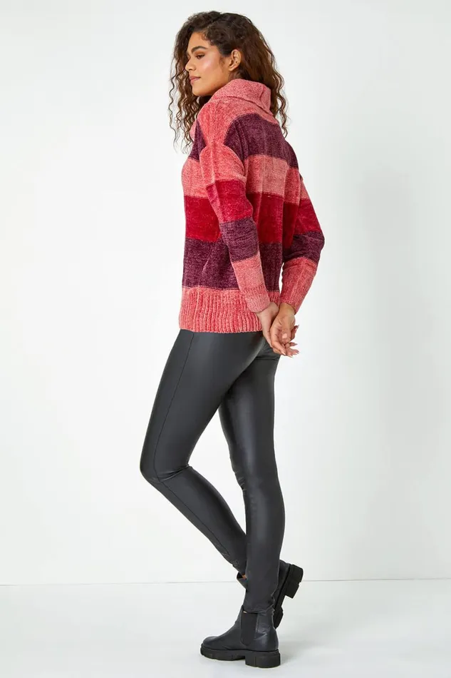 Women Wine Chenille Striped Cowl Neck Jumper Roman Knitwear