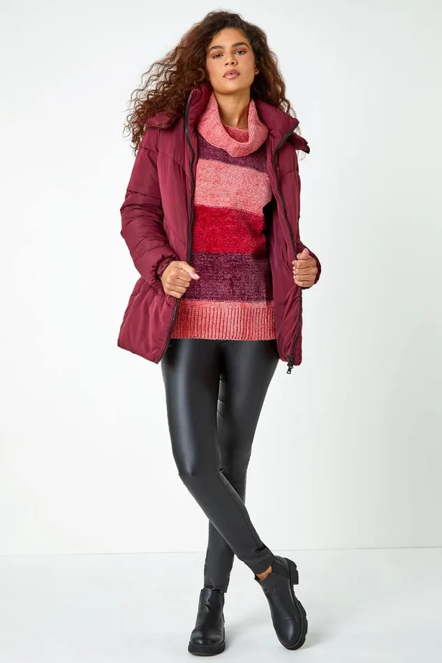 Women Wine Chenille Striped Cowl Neck Jumper Roman Knitwear