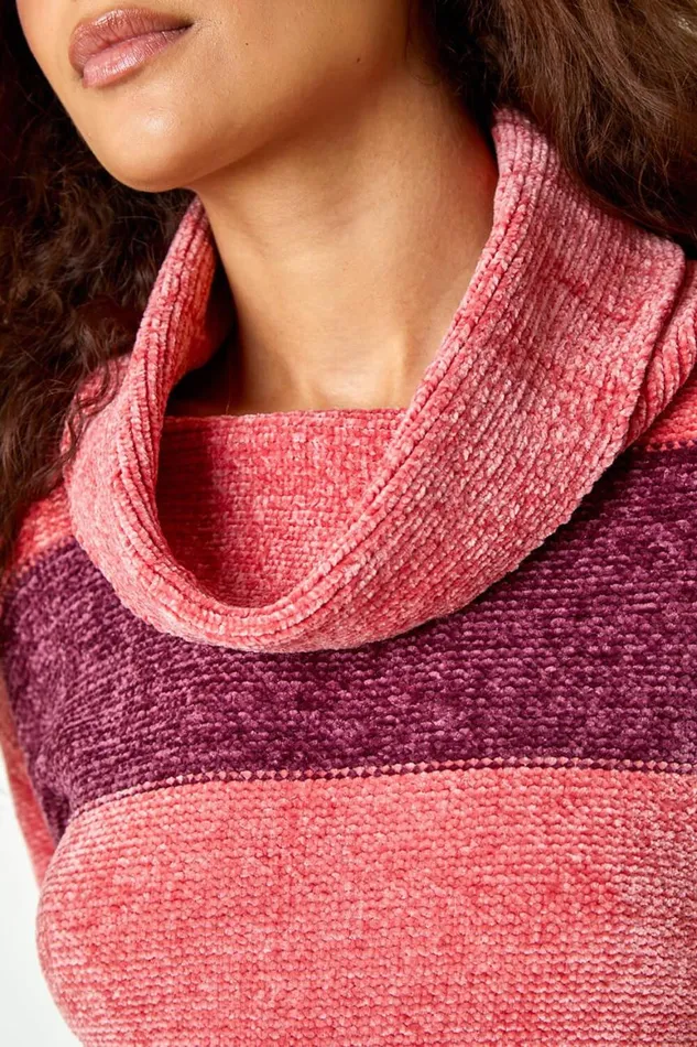 Women Wine Chenille Striped Cowl Neck Jumper Roman Knitwear