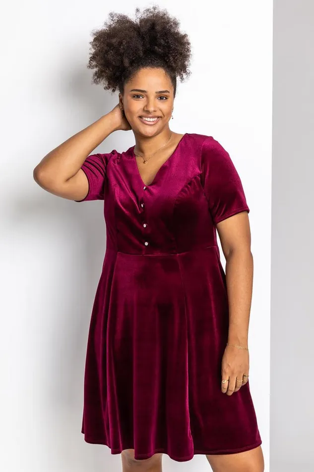 Women Wine Curve Diamante Button Velvet Dress Roman Dresses