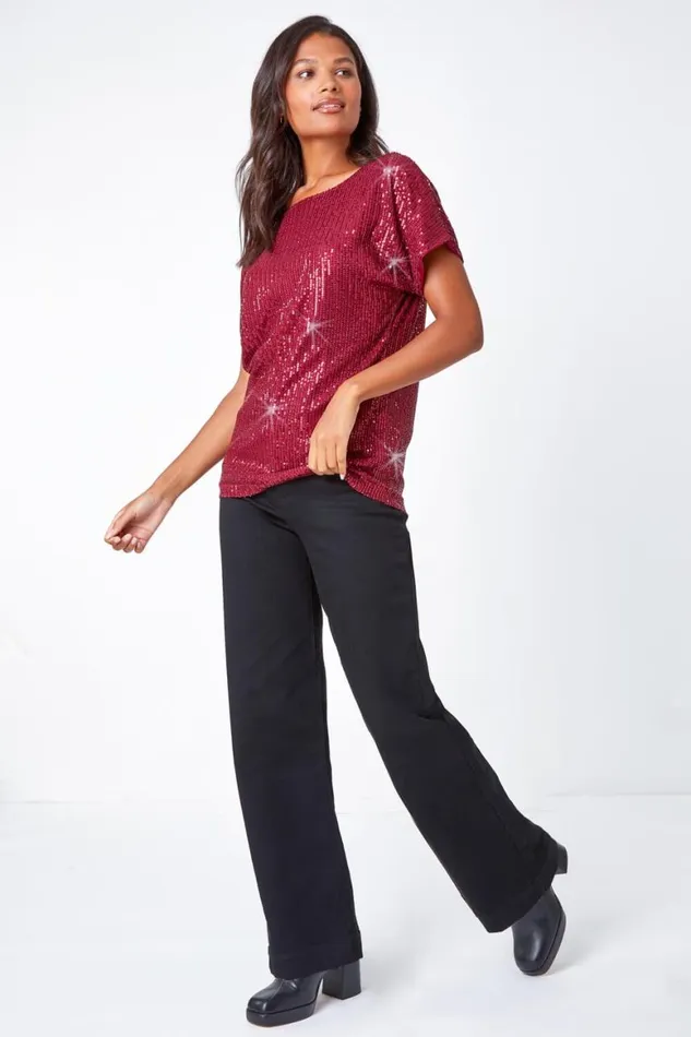 Women Wine Embellished Sequin Top Roman Tops