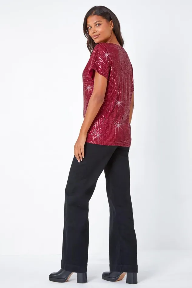 Women Wine Embellished Sequin Top Roman Tops
