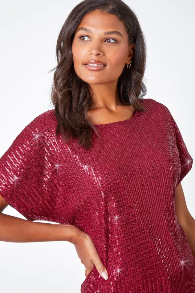 Women Wine Embellished Sequin Top Roman Tops