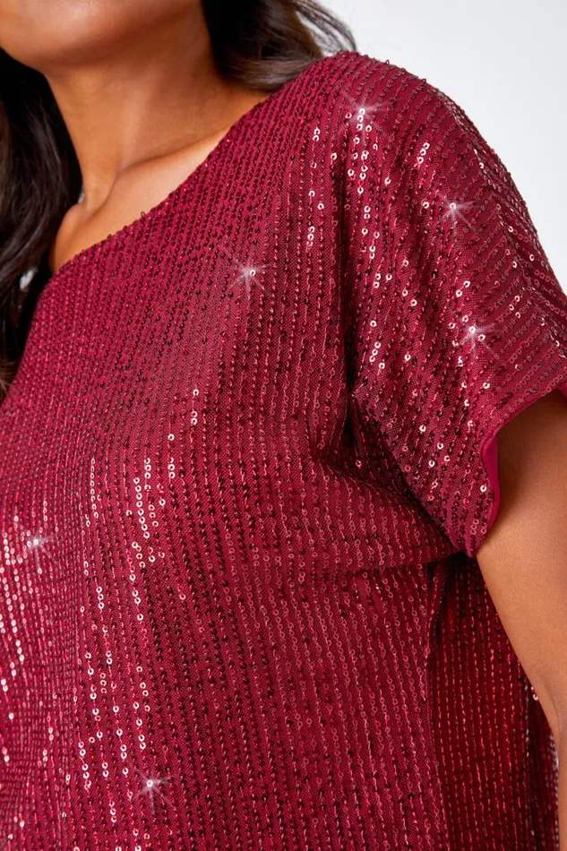 Women Wine Embellished Sequin Top Roman Tops