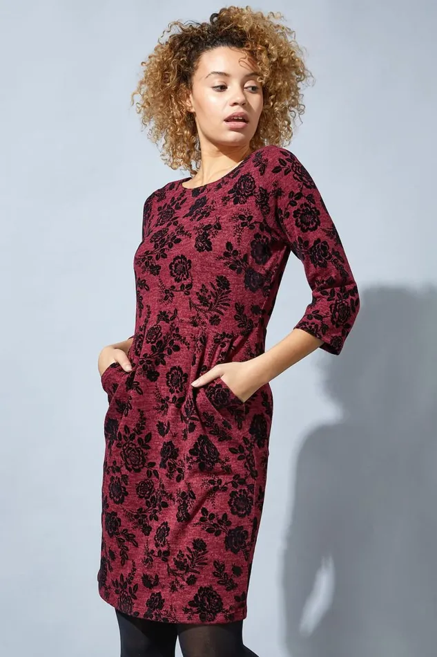 Women Wine Floral Flocked Pocket Detail Shift Dress Roman Dresses