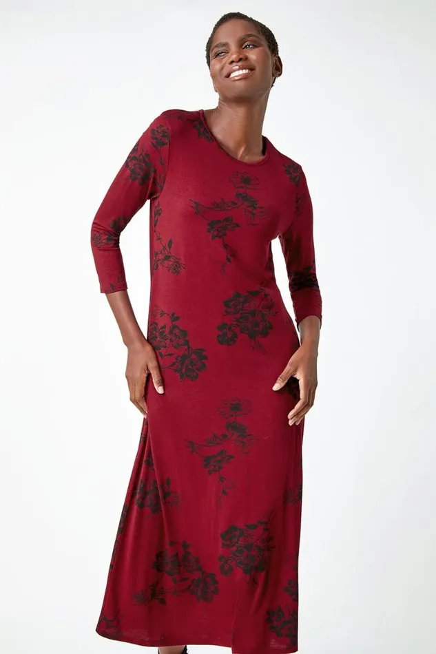 Women Wine Floral Pocket Detail Midi Stretch Dress Roman Dresses