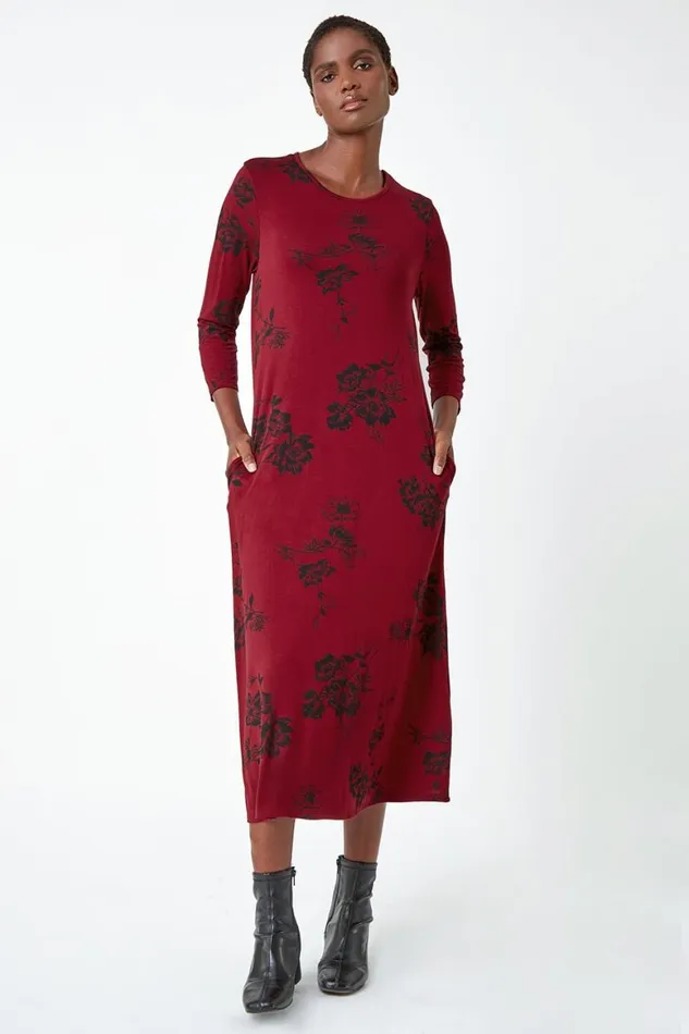 Women Wine Floral Pocket Detail Midi Stretch Dress Roman Dresses