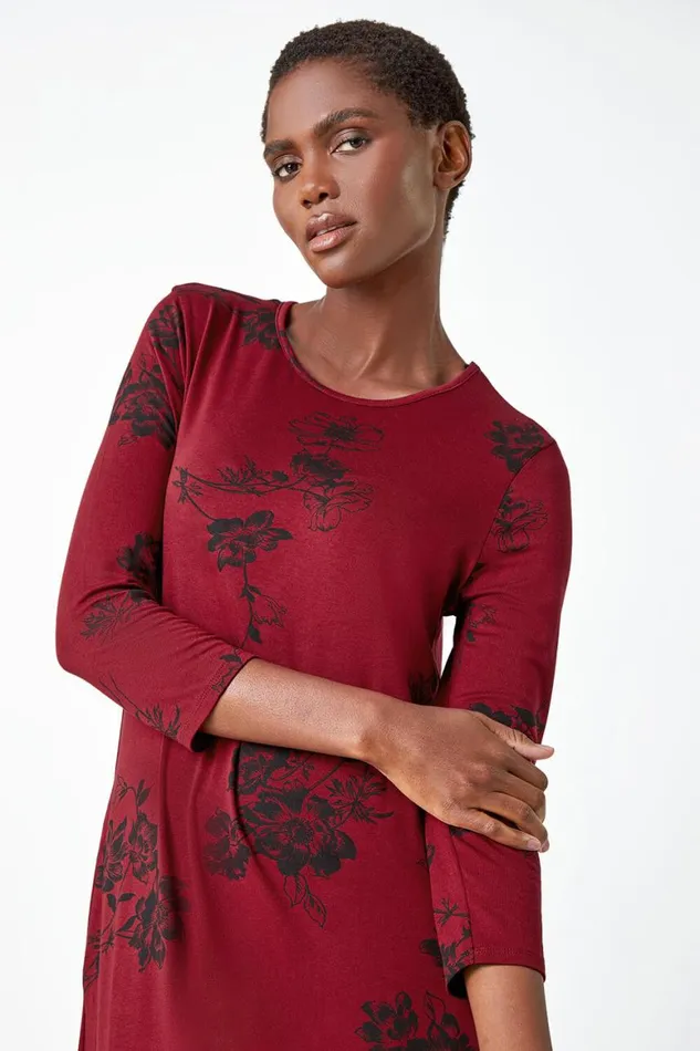 Women Wine Floral Pocket Detail Midi Stretch Dress Roman Dresses