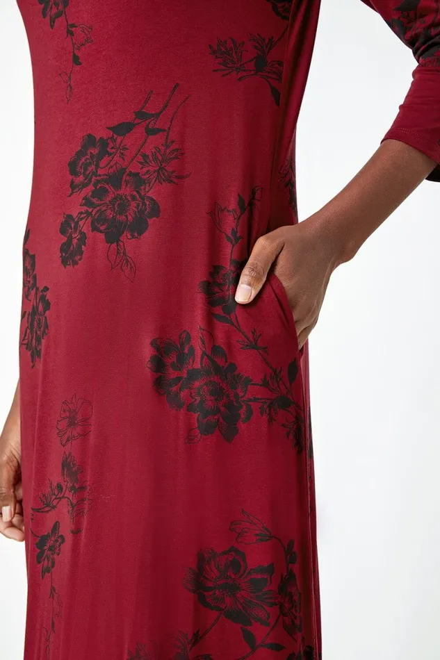 Women Wine Floral Pocket Detail Midi Stretch Dress Roman Dresses
