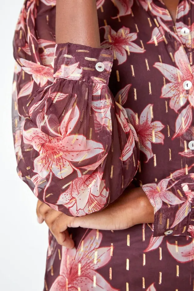 Women Wine Floral Print Metallic Stripe Blouse Roman Tops