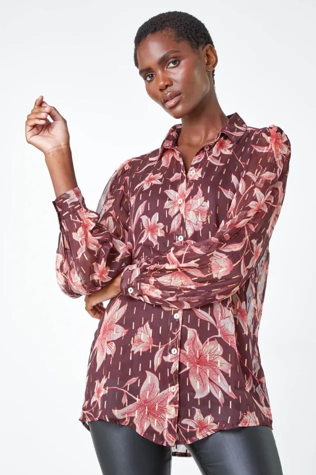 Women Wine Floral Print Metallic Stripe Blouse Roman Tops