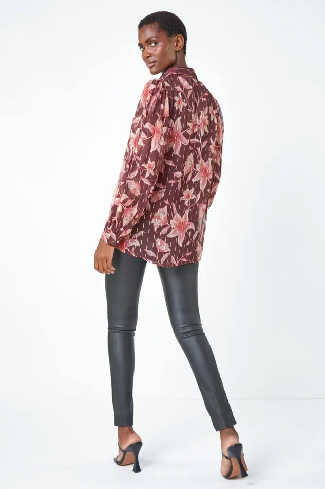 Women Wine Floral Print Metallic Stripe Blouse Roman Tops