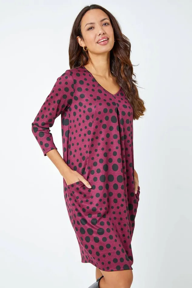 Women Wine Spot Print Pocket Cocoon Dress Roman Dresses