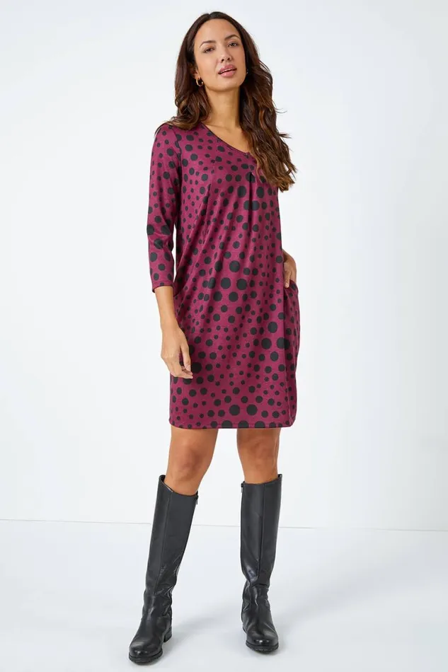 Women Wine Spot Print Pocket Cocoon Dress Roman Dresses