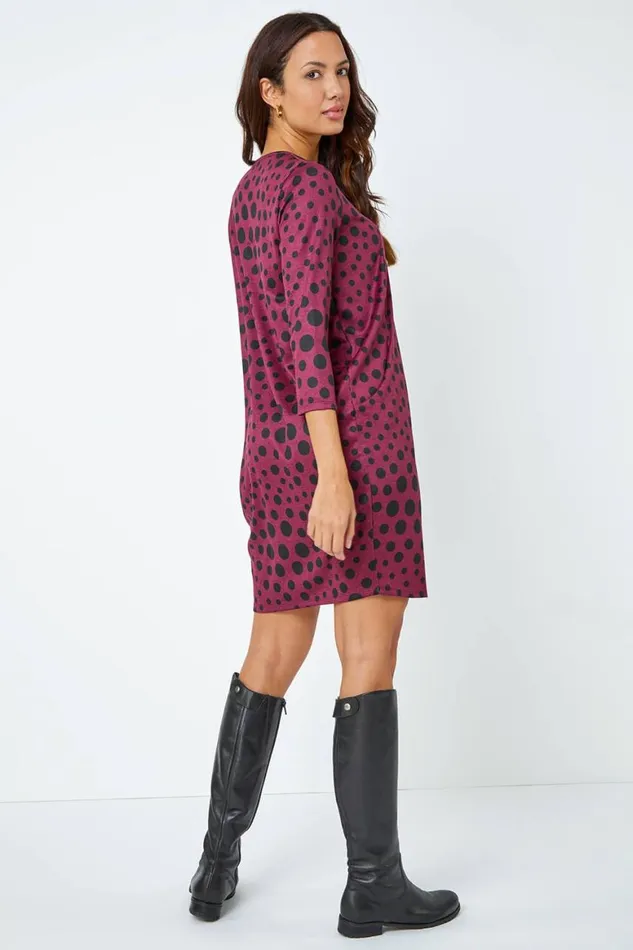 Women Wine Spot Print Pocket Cocoon Dress Roman Dresses