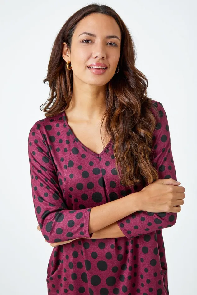 Women Wine Spot Print Pocket Cocoon Dress Roman Dresses