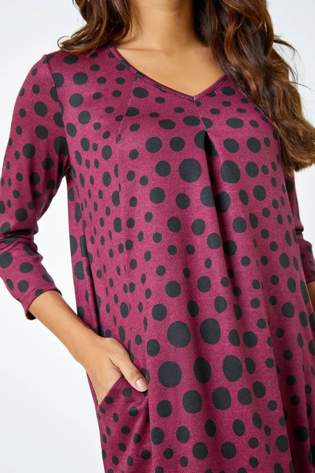Women Wine Spot Print Pocket Cocoon Dress Roman Dresses