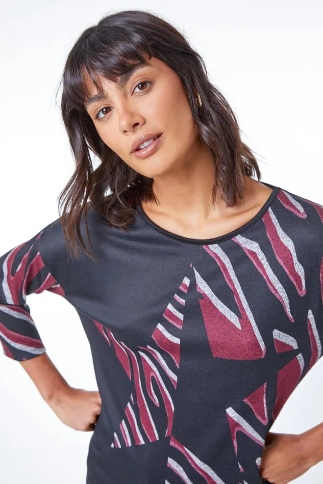 Women Wine Star Print Stretch Jersey Top Roman Tops