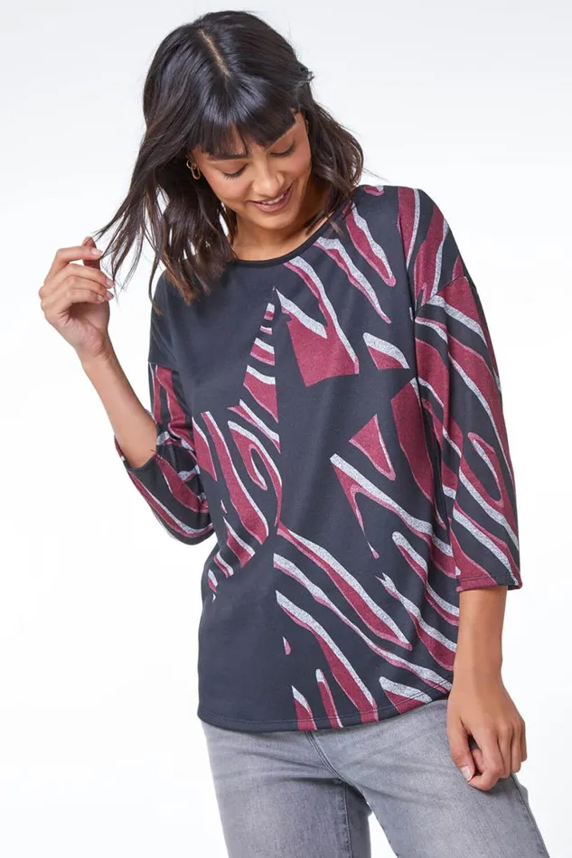 Women Wine Star Print Stretch Jersey Top Roman Tops