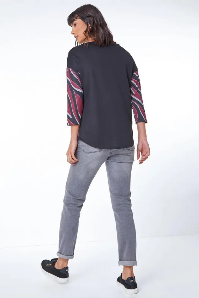 Women Wine Star Print Stretch Jersey Top Roman Tops