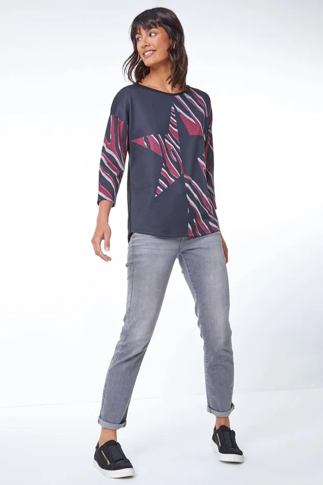 Women Wine Star Print Stretch Jersey Top Roman Tops