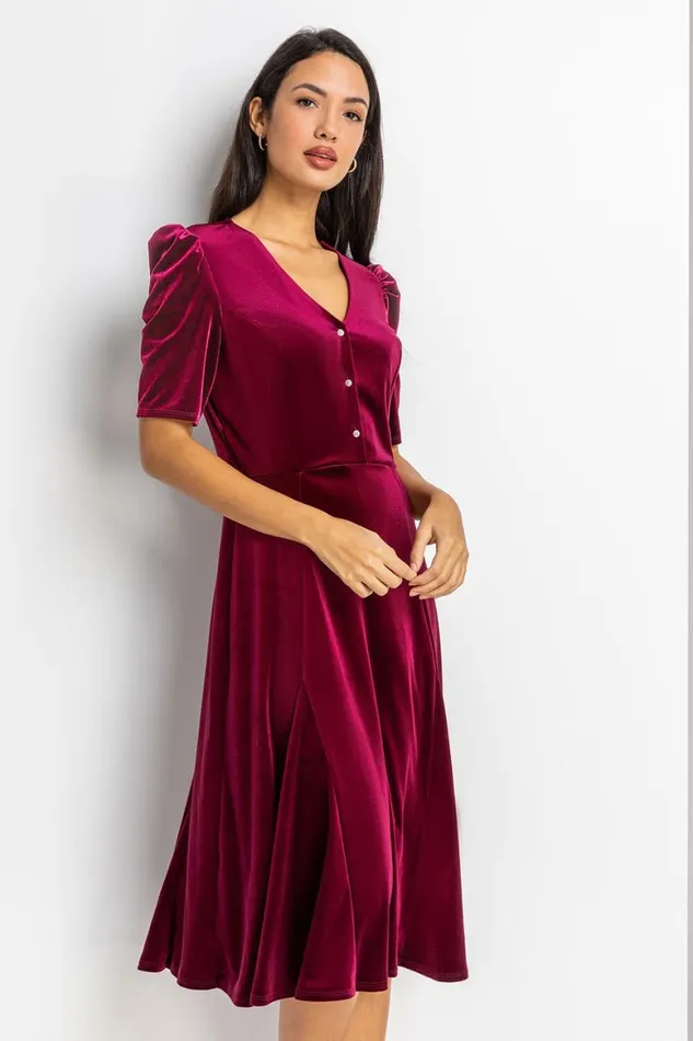 Women Wine Velvet Button Detail Midi Dress Roman Dresses