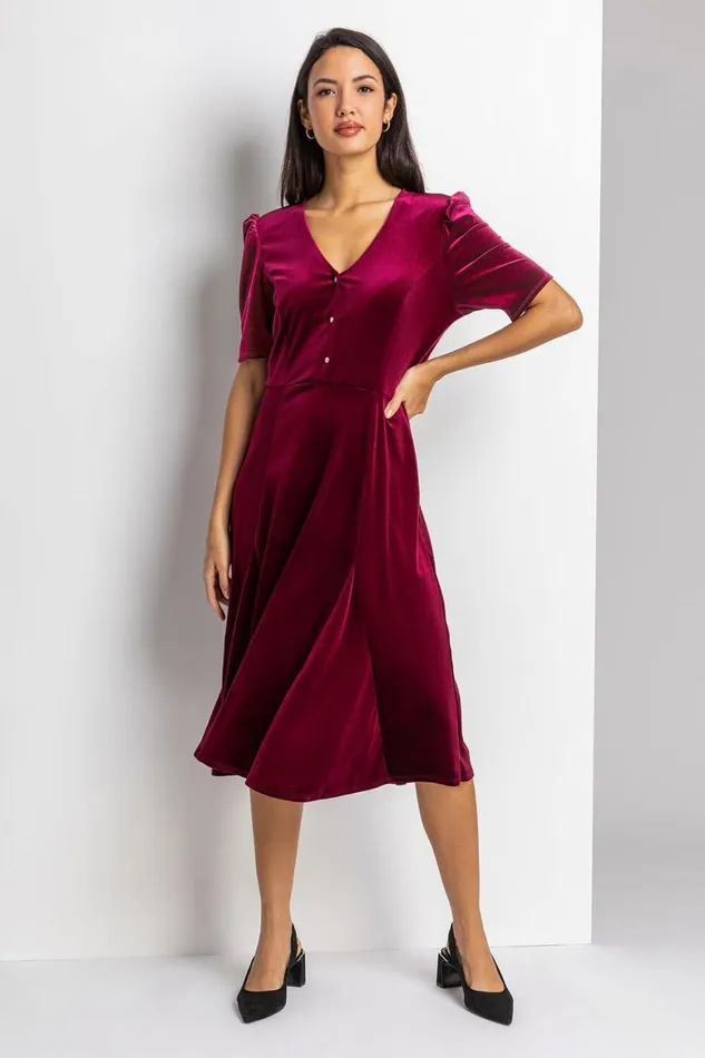 Women Wine Velvet Button Detail Midi Dress Roman Dresses