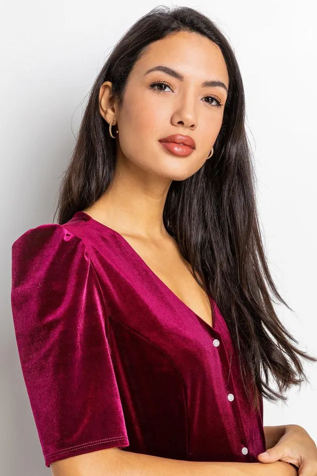 Women Wine Velvet Button Detail Midi Dress Roman Dresses
