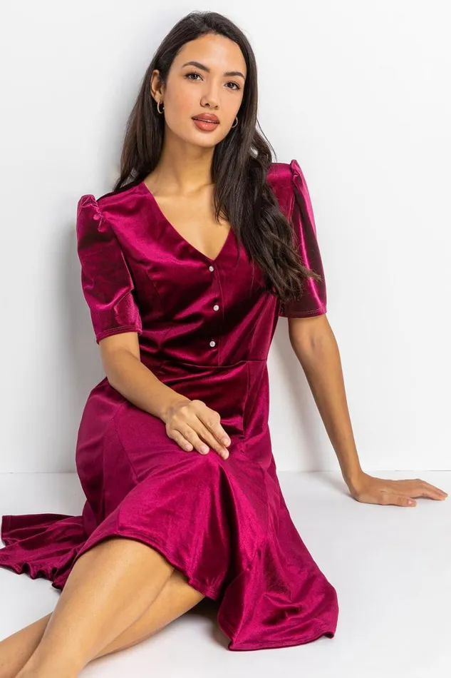 Women Wine Velvet Button Detail Midi Dress Roman Dresses