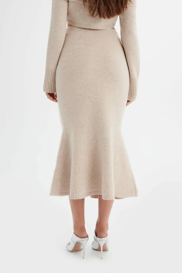 Women Winter Knitwear Lavish Alice ELENI Knitted Wool Fit and Flare Midi Skirt In Stone Stone