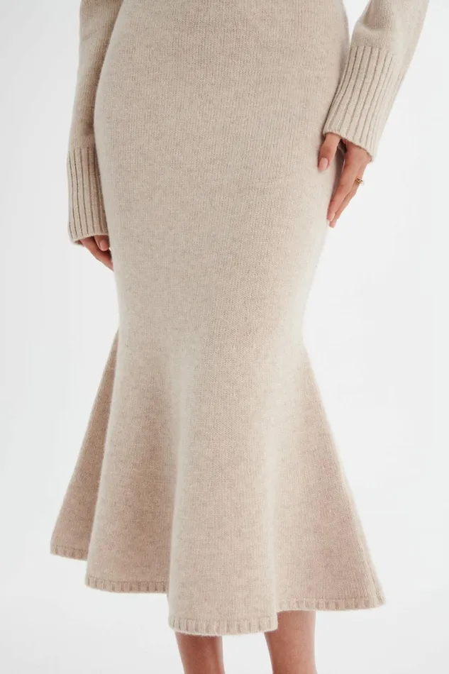 Women Winter Knitwear Lavish Alice ELENI Knitted Wool Fit and Flare Midi Skirt In Stone Stone