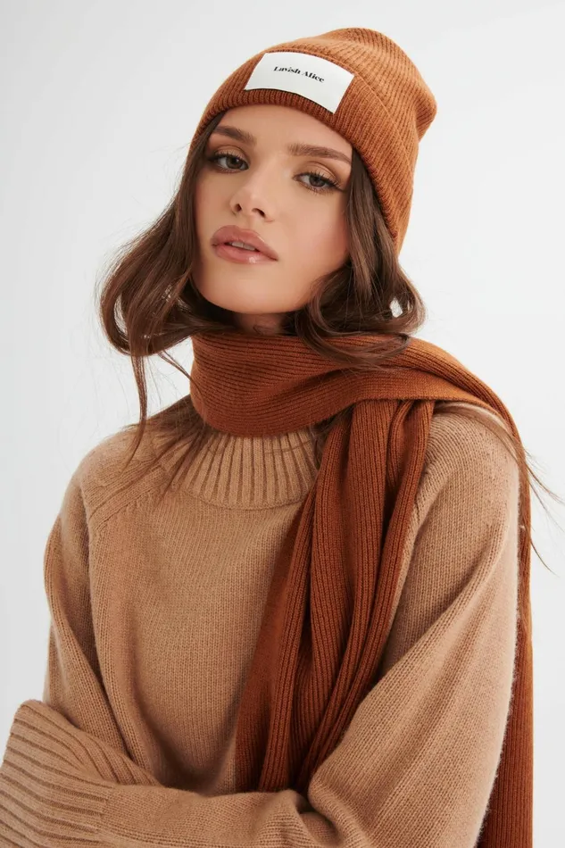 Women Winter Knitwear Lavish Alice EZRA Knitted Cashmere Blend Beanie In Camel Camel