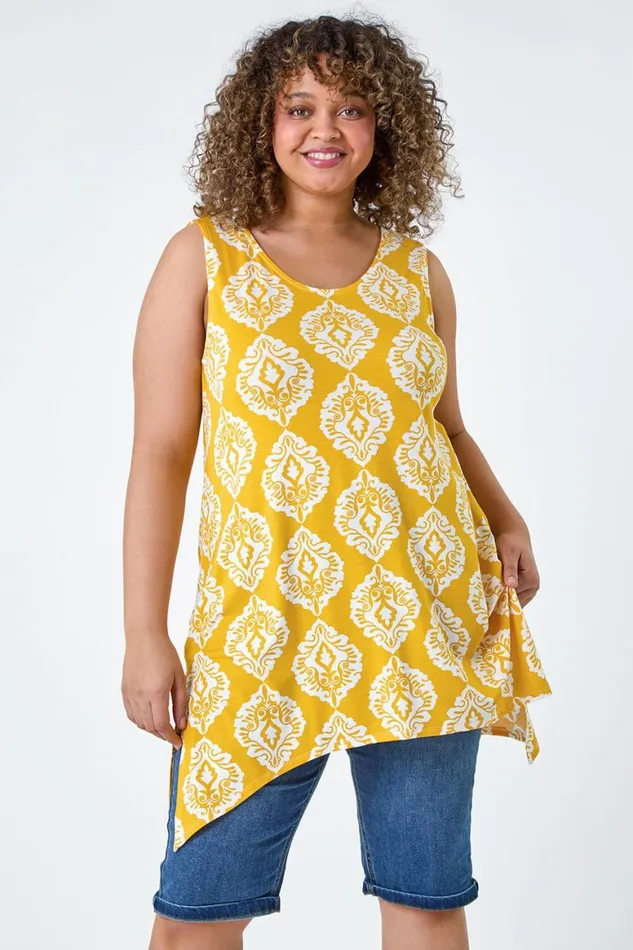 Women Yellow Curve Aztec VNeck Stretch Hanky Hem Vest Top Roman Tops