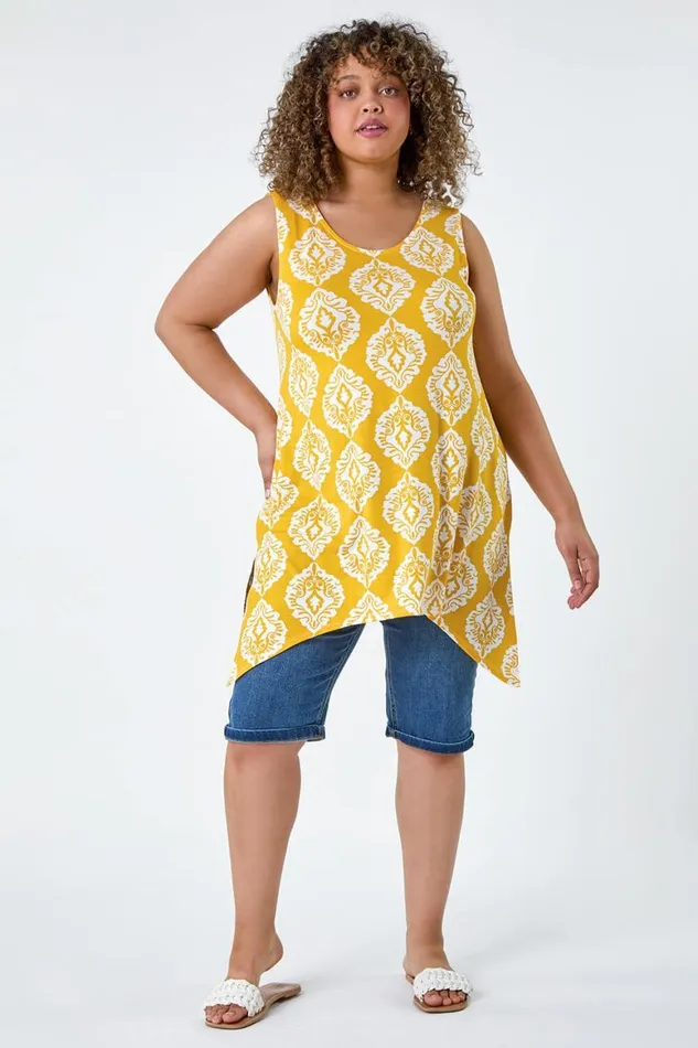 Women Yellow Curve Aztec VNeck Stretch Hanky Hem Vest Top Roman Tops