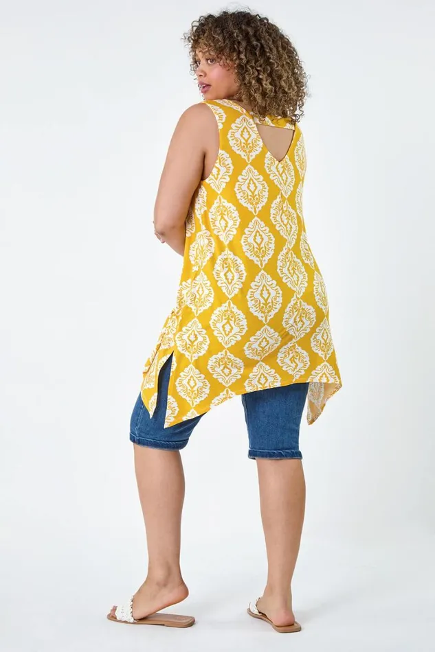 Women Yellow Curve Aztec VNeck Stretch Hanky Hem Vest Top Roman Tops