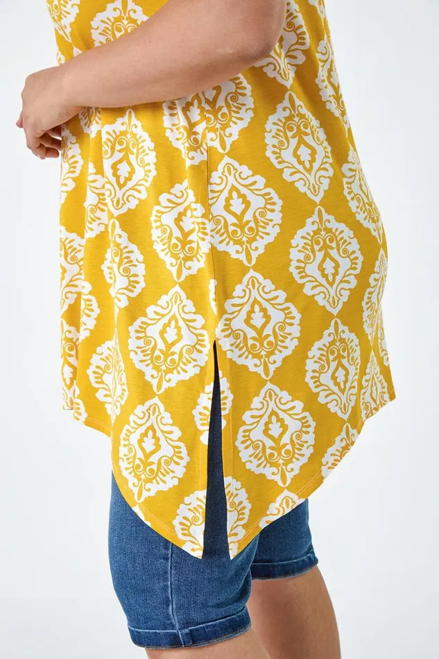 Women Yellow Curve Aztec VNeck Stretch Hanky Hem Vest Top Roman Tops