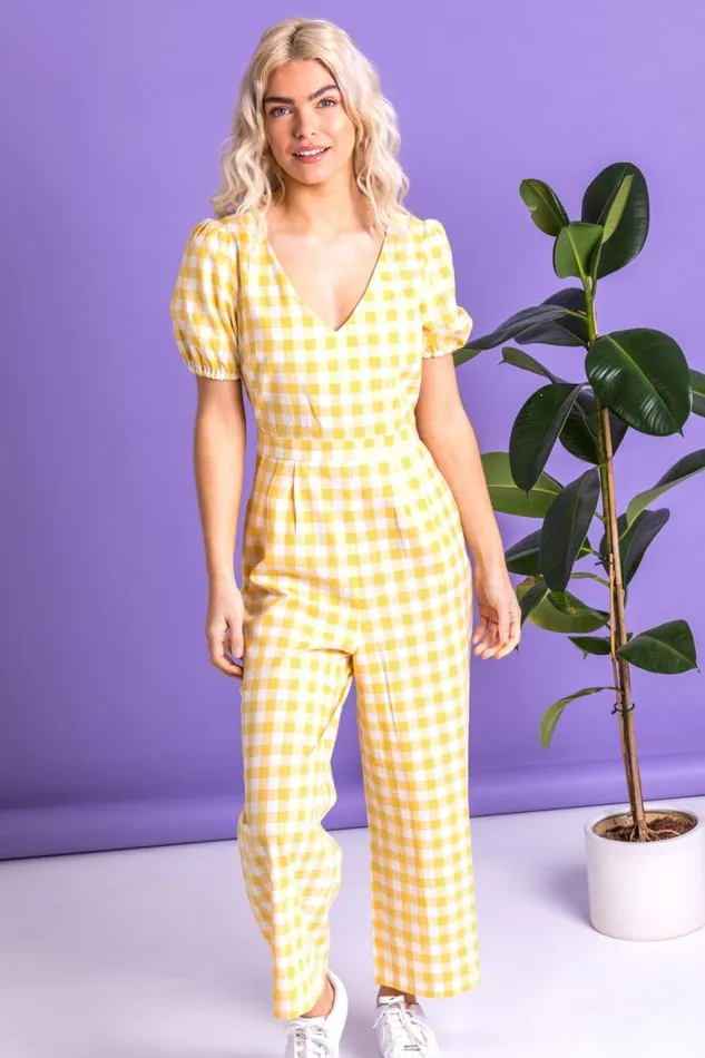 Women Yellow Gingham Check Jumpsuit Roman Jumpsuits and Playsuits