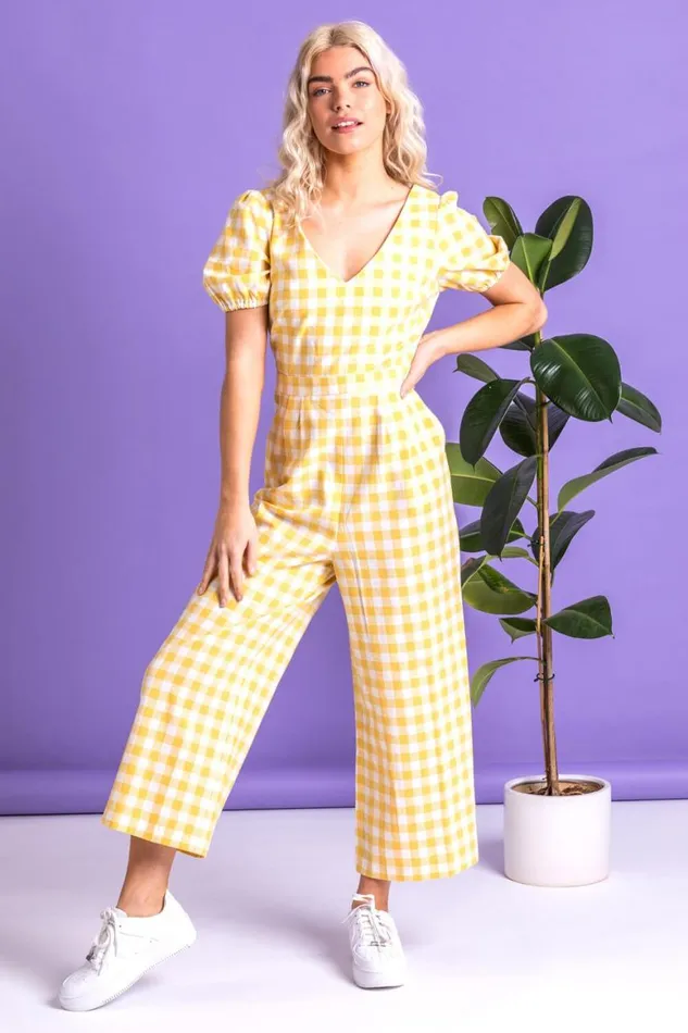 Women Yellow Gingham Check Jumpsuit Roman Jumpsuits and Playsuits