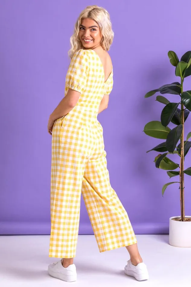 Women Yellow Gingham Check Jumpsuit Roman Jumpsuits and Playsuits