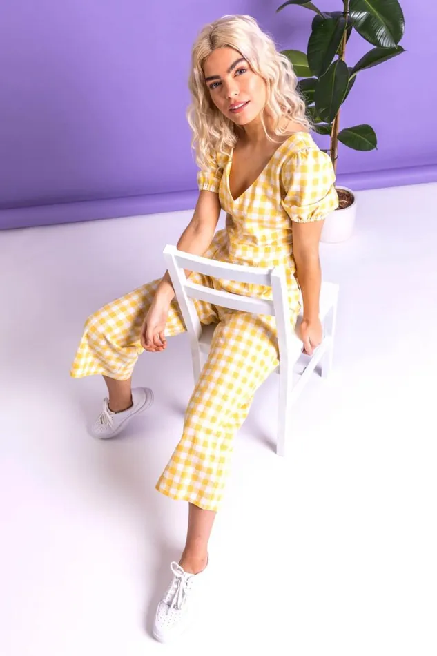 Women Yellow Gingham Check Jumpsuit Roman Jumpsuits and Playsuits
