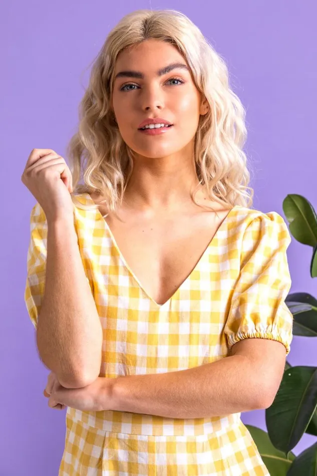 Women Yellow Gingham Check Jumpsuit Roman Jumpsuits and Playsuits