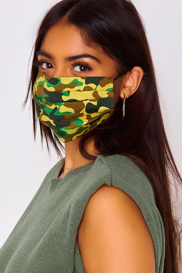 Women Yellow Green Brown Mesh Printed Mask Not Approved Yellow Brentiny Paris Masks