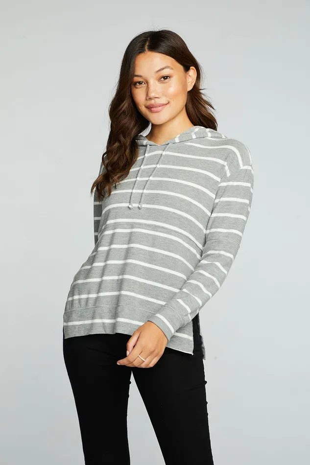 Womens Chaser Brand Recycled Cozy Knit Pintuck Hoodie Pullover With Side Slits Outerwear