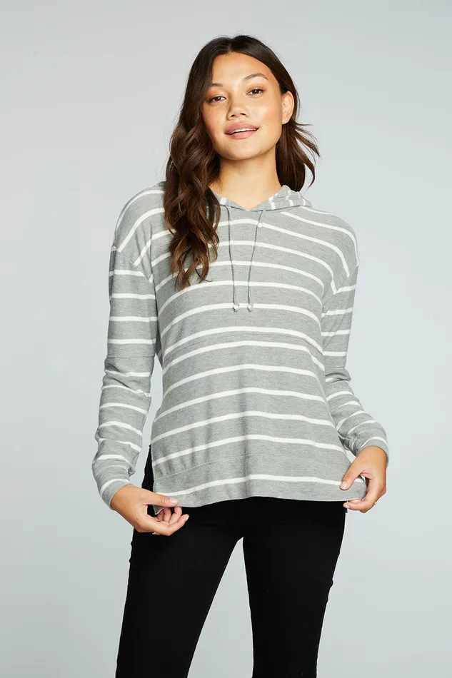 Womens Chaser Brand Recycled Cozy Knit Pintuck Hoodie Pullover With Side Slits Outerwear