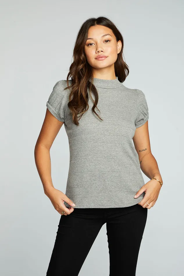Womens Chaser Brand Triblend Rib Mock Neck Short Puff Sleeve Tee Tops