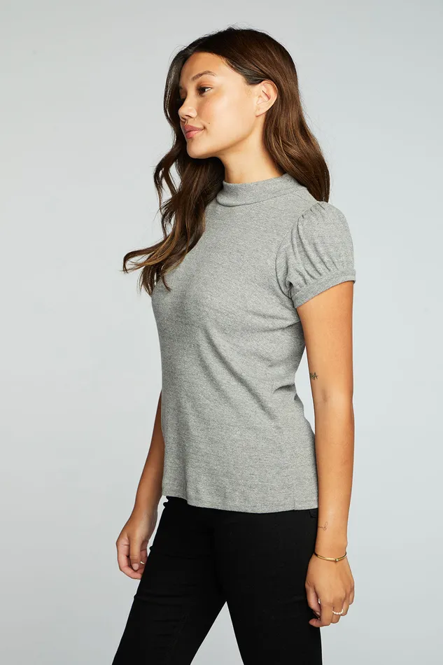 Womens Chaser Brand Triblend Rib Mock Neck Short Puff Sleeve Tee Tops