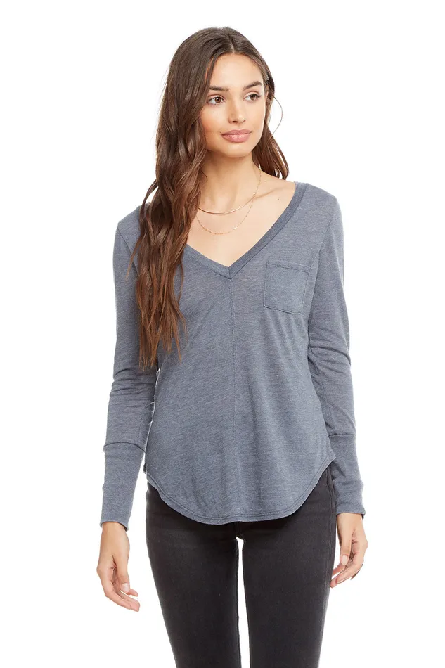 Womens Chaser Brand Vintage Jersey Long Sleeve V Neck Seamed Shirttail Pocket Tee with Snap Cuffs Loungewear