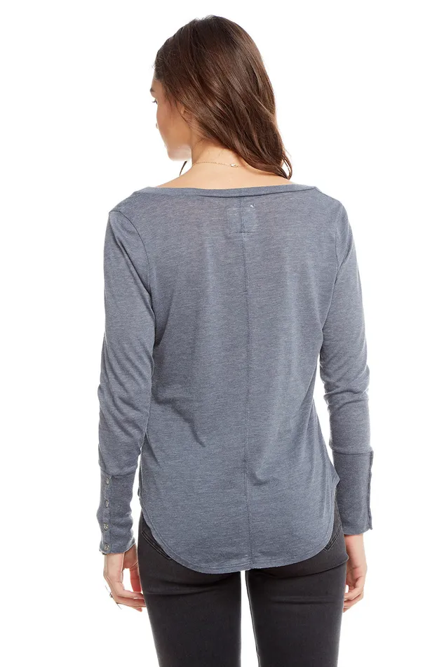 Womens Chaser Brand Vintage Jersey Long Sleeve V Neck Seamed Shirttail Pocket Tee with Snap Cuffs Loungewear