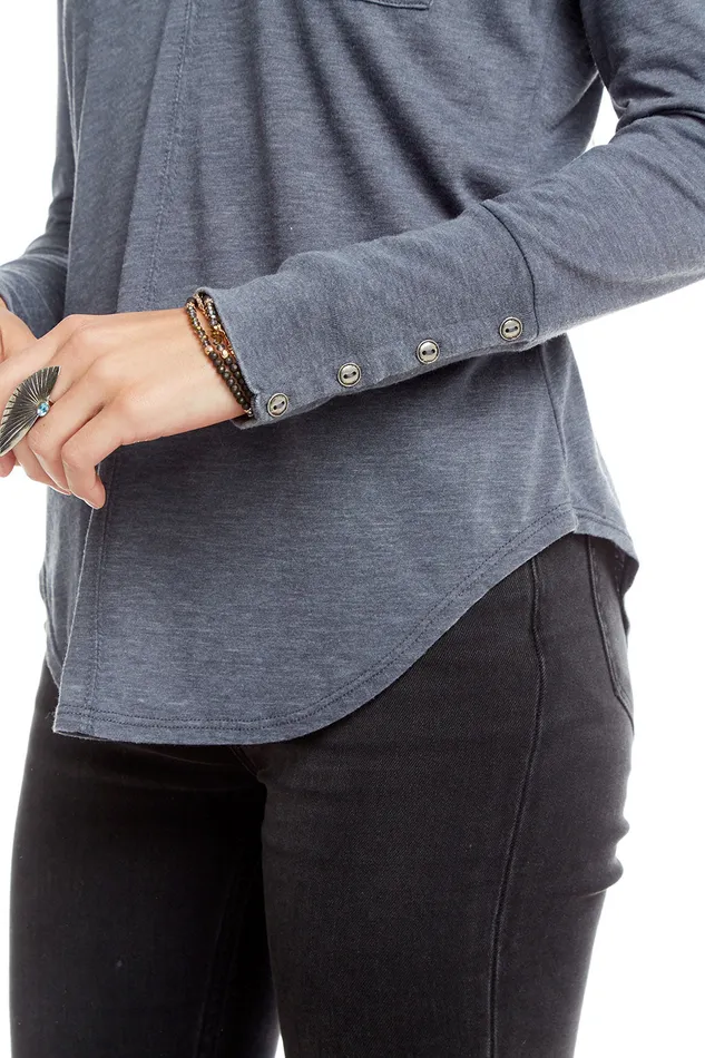 Womens Chaser Brand Vintage Jersey Long Sleeve V Neck Seamed Shirttail Pocket Tee with Snap Cuffs Loungewear